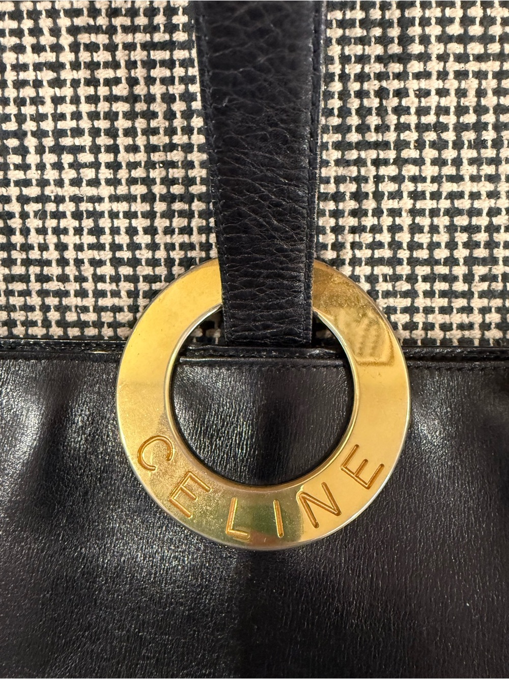 Celine Black Leather Shoulder Bag with Gold Logo O-Ring - Picture 4 of 13